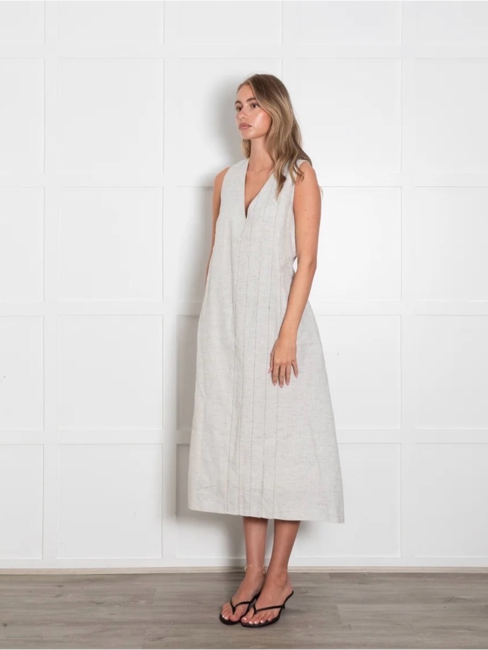 Fabiana Filippi Grey Linen A Line Midi Dress with Glitter Detail